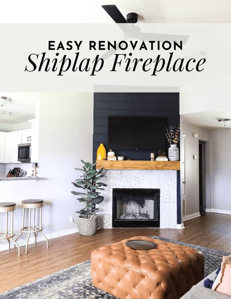 How to create a beautiful black shiplap fireplace wall Diy Black Shiplap Fireplace, Black Shiplap Fireplace Wall, Black Shiplap Fireplace, Shiplap Fireplace Wall, Farmhouse Fireplace Ideas, Diy Shiplap Fireplace, Black Shiplap, Easy Renovations, Diy Mantel