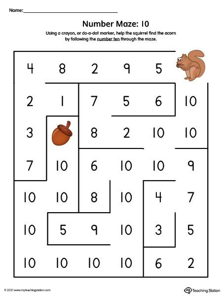 Number Maze Printable Worksheet: 10 (Color) Worksheet.Number ten maze printable activity for preschool kids. Available in color. Number Ten Worksheet Preschool, Number Concept Worksheets, Number 10 Activities, Number 10 Activities For Preschool, Number Maze Worksheets, Number 10 Worksheet, Numbers Activities Preschool, Preschool Math Curriculum, Basic Math Worksheets