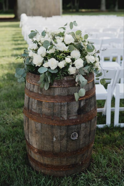 Barrels At Wedding, Barrel Flowers, Wedding Aisle Outdoor, Barrel Wedding, Wedding Isles, Wedding Entrance Decor, Country Theme Wedding, Wedding Reception Flowers, Sage Wedding