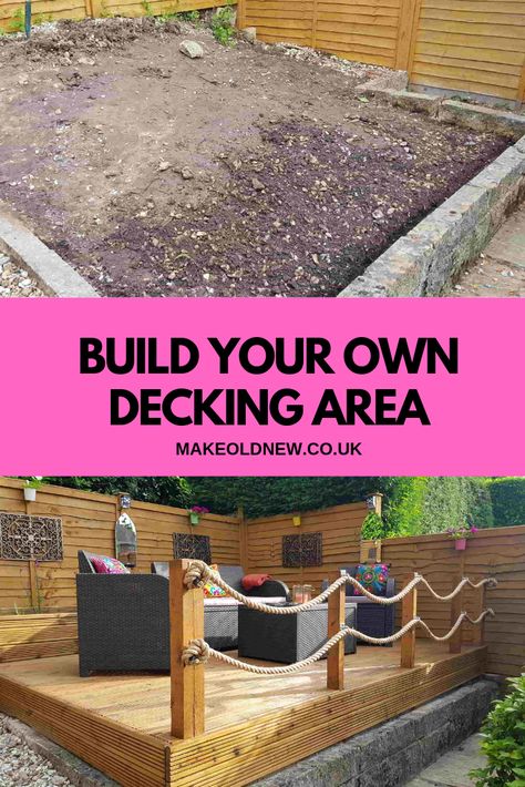 Build your own Decking Area, How to build decking area, Build decking yourself, Step by Step garden decking, DIY garden decking, Build your own Garden seating project Decking For Small Gardens, Garden Design Decking, Small Decking Ideas, Raised Decking Ideas Garden, Decking Alternative, Small Garden Decking, Small Square Garden Ideas, Decking Ideas Outdoor, Decking Ideas Garden