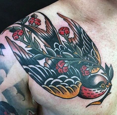 Neotraditional Swallow Neo Traditional Chest Tattoo, Traditional Swallow Tattoo, Traditional Chest Tattoo, Traditional Chest, Vogel Tattoo, Neotraditional Tattoo, Omerta Tattoo, Swallow Tattoo, Mens Shoulder Tattoo