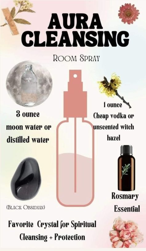 Diy Aura Spray, Smokeless Smudge Spray Diy, Spiritual Sprays Diy, Cleansing Spray Witchcraft Diy, Diy Aura Cleansing Spray, Spray Spells, Witch Cleansing Spray, Aura Spray Recipe, Diy Energy Clearing Spray