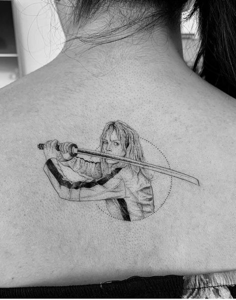 Kill Bill the bride Uma Thurman tattoo Kill Bill Tattoo Design, Uma Thurman Tattoo, Kill Bill Tattoo Minimal, Pulp Fiction Tattoo Minimalist, Kill Bill Painting, Kill Bill Drawing, Small Movie Tattoos, Everything Everywhere All At Once Tattoo, Tarantino Tattoo Ideas