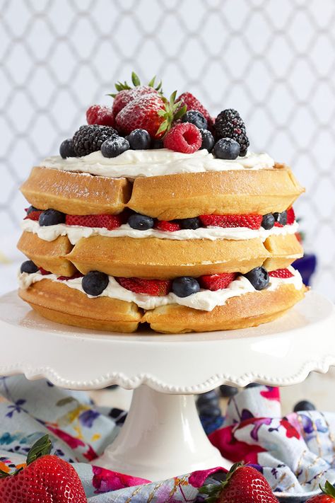 Ready in less than 30 minutes, this Berry Vanilla Bean Belgian Waffle Cake recipe is so simple to make! The perfect brunch or breakfast recipe for every party and gathering. | @suburbansoapbox Waffle Cakes, Waffle Cake, Vanilla Bean, Cake Recipe, Whipped Cream, 30 Minutes, Strawberries, Pancakes, Berry