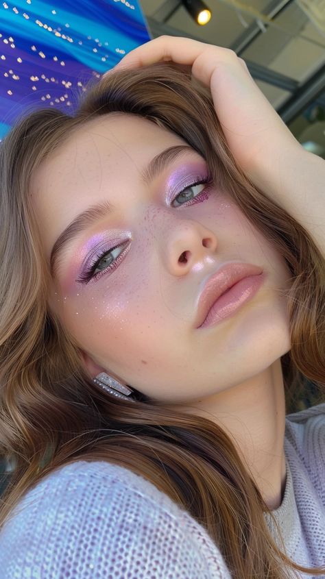 Purple Chrome Eyeshadow, Mauve Pink Makeup, Subtle Pop Of Color Eye Makeup, Light Purple Eyeshadow Simple, Purple Eyeshadow Looks For Brown Eyes, Berry Eyeshadow Looks, Pop Of Color Makeup Looks, Purple Eye Shadow Looks, Light Purple Eye Makeup