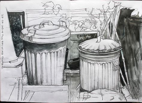 2 x Old Dustbins | Flickr - Photo Sharing! Trash Bin Drawing, Dustbin Drawing, Rubbish Drawing, Garbage Drawing, Bin Drawing, Trash Drawing, Garbage Dumpster, Urban Artwork, Systems Art