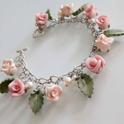 Rose Charm Bracelet  Peachy Pink  Polymer Clay by beadscraftz, $36.00 Jewelry Upcycle, Polymer Clay Flower Jewelry, Polymer Clay Bracelet, ดินปั้น Polymer Clay, Peach Rose, Cream Wedding, Peachy Keen, Rose Bracelet, Polymer Clay Diy