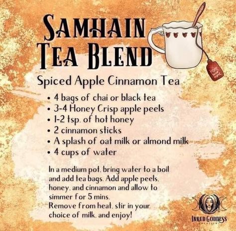 Samhain Tea Recipe, Wiccan Tea Recipes, Traditional Samhain Food, Samhain Drinks, Samhain Celebration Ideas, Witch Celebrations, Sabbat Correspondences, Samhain Tea, Samhain Dinner