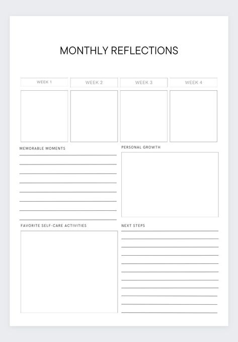 Take a moment each month to reflect on your accomplishments, challenges, and personal growth with this thoughtful and insightful template. The Monthly Reflection Template encourages self-awareness and mindfulness as you review your experiences, achievements, and areas for improvement. Whether you use it for personal development, professional growth, or creative pursuits, this template serves as a powerful tool for self-discovery and continuous improvement. Embrace the power of self-reflection and download our Monthly Reflection Template now to embark on a fulfilling journey of self-discovery and growth. Monthly Review Planner, Monthly Reflection Template, Monthly Review Template, Monthly Check In, Summary Ideas, Self Growth Journal, Reflection Template, Monthly Recap, Monthly Reflection