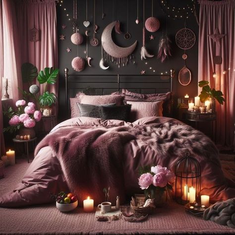 Gray Black And Pink Bedroom Ideas, Girly Witchy Bedroom, Black Floral Bedroom, Black Pink Bedroom Ideas, Pink Gothic Bedroom, Dark Boho Bedroom Aesthetic, Moody Pink Bedroom, Bright Pink Room, Witchy Bedroom Ideas