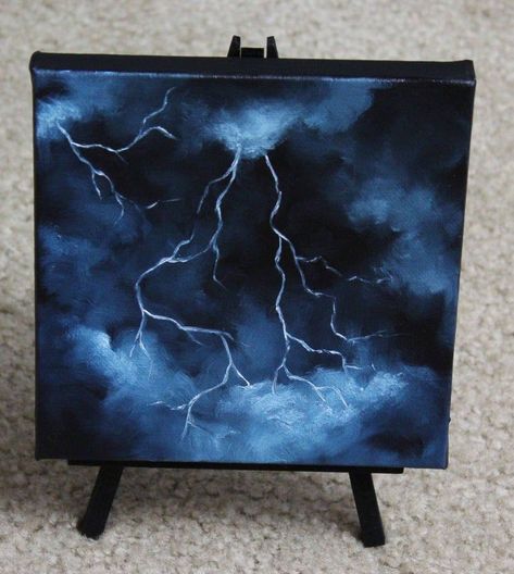 Lightning Canvas Painting, Lightning Painting Ideas, 6x6 Canvas Paintings, Painting Ideas On A Black Canvas, Small Paint Ideas, Small Oil Painting Ideas, Lightning Painting Acrylic, Painting Ideas Black Canvas, Painting Ideas Lightning