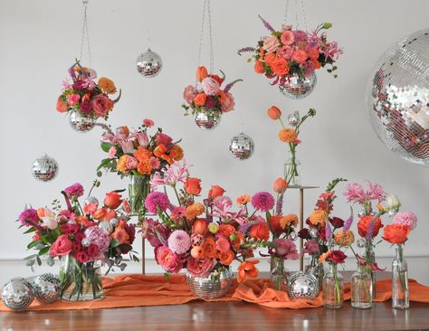 The Disco Blooms Collection is Here! – WildFlora Flowers Disco Ball, Disco Party Flowers, Boho Disco Centerpieces, Flower Bud Centerpieces, Centerpiece With Disco Ball, Disco Garden Party Decorations, Disco Bloom Party, Centerpieces With Disco Balls, Garden Party Disco Wedding