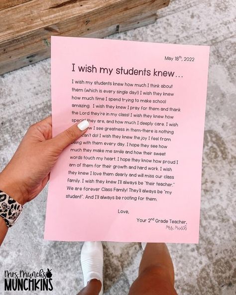 Melody | 2nd Grade Teacher on Instagram: "I wish my students knew...✨This is a letter your students will treasure🤍It’s a little way to let them know how much you care! All year, I keep “I wish my teacher knew...” slips in my classroom for students to write letters to me. They’re not frequently used, (as we also do a online check in daily where they can tell me anything,) but they always melt my heart. For the end of the year, I like to write my students a letter of the same nature.🤍 I definit Letters For Teachers From Student, Graduation Letter, Tell Me Anything, Letter To Students, Teachers Room, Melt My Heart, Teacher End Of Year, Survival Kit Gifts, Student Teacher Gifts