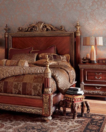 ✅ Pulaski Bellissimo king bed & nightstands from Horchow / Neiman Marcus. Made of birch hardwood with a mahogany finish and decorative resin details with gold gilt highlights. KING BED: 94"L x 84"W; headboard is 73"T; footboard is 41"T. NIGHTSTAND: 32"T x 34"W x 18"D. ARMOIRE: 84"T x 48"W x 25"D. QN BED: 94" L x 67" W. Dressing Design, King Sized Bedroom, Wood Bedroom Furniture, Traditional Bed, Bedroom Furnishings, King Bedroom Sets, Hotel Luxury, Bed Furniture Design, Bedroom Bed Design