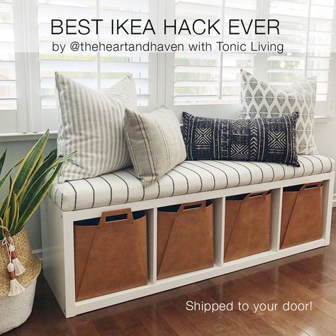 Ikea Hack with Kallax Shelf. Get a premium bench seat cushion to convert your Kallax bookshelf into a storage bench seat! Click on image to order yours from Tonic Living. We ship everywhere. Ikea Kallax Shelf, Ikea Kallax Regal, Ikea Kallax Hack, Kallax Shelf, Kallax Regal, Ikea Hack Ideas, Ikea Kallax, Ikea Furniture Hacks, Cubby Storage