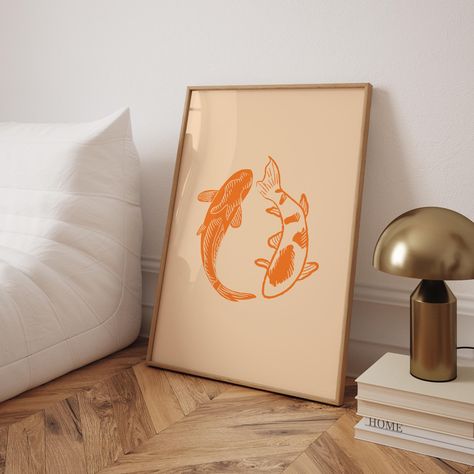 Koi Fish Bathroom Ideas, Asian Inspired Wall Art, Koi Fish Room Decor, Japanese Bathroom Decor, Japanese Wall Art Decor, Japanese Themed Room, Minimalist Poster Aesthetic, Vintage Aesthetic Bedroom, Koi Fish Wall Art