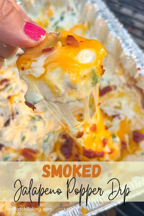 Smoked Jalapeño Popper Dip, Smoked Dip Ideas, Jalapeno Popper Dip With Bacon, Smoked Dips Appetizer, Smoked Jalapeno Popper Dip, Smoked Dip On Smoker, Smoker Dip Recipes, Smokey Appetizers, Smoked Dips