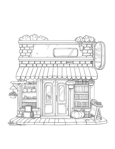 Bookstore Coloring Pages, Book Store Drawing, Bookstore Drawing, College Doodles, Story Boxes, Watercolour House, Transportation Preschool Activities, Doodle Books, Note Writing Paper