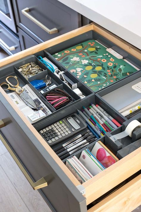 Desk Drawer Organisation, Kitchen Command Center, Command Center Organization, Command Center Kitchen, Command Centers, Bilik Idaman, Driven By Decor, Hidden Kitchen, Study Room Decor