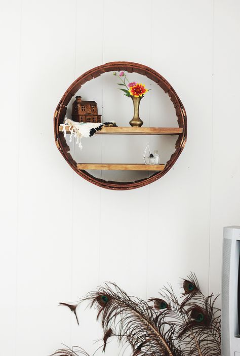 DIY Round Shelf | The Merrythought Decor Hacks Diy, Circle Shelf, Wine Barrel Rings, Round Shelf, Old Baskets, Unique Shelves, Jewelry Organizers, Diy Rings, Wooden Jewelry