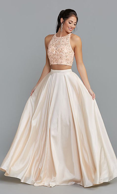 Crop Top Prom Dress, Evening Dresses Prom Two Pieces, Gold Two Piece Prom Dress, Your Month Your Dress, Crop Top With Long Skirt, Indian Prom Dresses, Formal Dresses Curvy, Top With Long Skirt, Wedding Crop Top