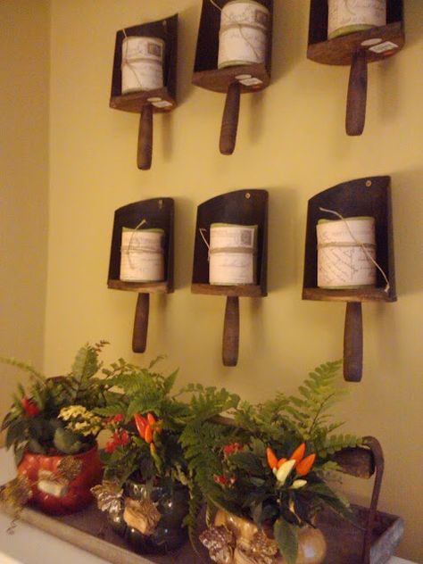 . Wall Mounted Candle Holders, Storage Ideas For Small Spaces, Primitive Walls, Wooden Scoop, Primitive Farmhouse, Ideas For Small Spaces, Primitive Crafts, Wood Tools, Antique Wood