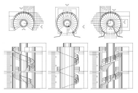 Spiral stairway detail elevation and plan 2d view autocad file Construction Detail Drawing, Circle Stairs, Spiral Staircase Plan, Stair Construction, Round Stairs, Spiral Stairs Design, Arch Drawing, Ing Civil, Stair Plan