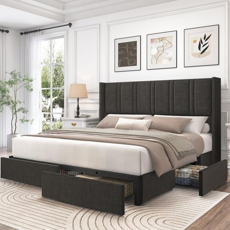 PRICES MAY VARY. 【Bed Frame with 47" Headboard】 The high headboard of this king size bed frame with storage serves as a focal point, offering a sense of grandeur and sophistication to any bedroom decor. It provides excellent support while you relax, read, or watch TV in king bed 【Bed Frame with 4 Storage Drawers】 King upholstered bed frame not only offer unparalleled storage solutions, but it also adds a touch of sophistication to your space. there is ample space to neatly tuck away your extra b King Bed Frame With Drawers, Channel Tufted Headboard, Tufted Bed Frame, Modern Upholstered Beds, Queen Platform Bed Frame, Storage Bed Queen, Apartment Bedding, High Headboard, Grey Bed Frame