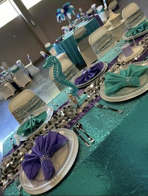 Little Mermaid Sweet 16 Ideas, Ariel Quinceanera Theme, Little Mermaid Sweet 16, Little Mermaid Quinceanera Theme, Chantelle Wedding, Under The Sea Quinceanera Theme, Teal Wedding Decorations, Teal Centerpieces, Creative Decoration Ideas