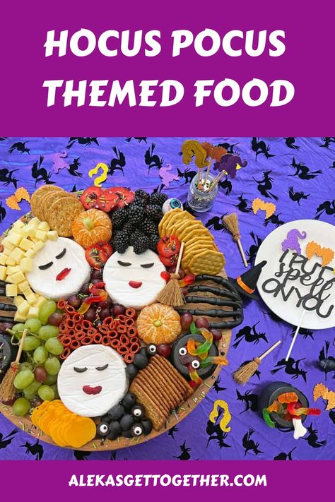 Fun and spooky Hocus pocus themed food such as appetizers and desserts for your next Halloween party! Witches are the theme! Halloween Shower Food, Witch Themed Snacks, Hocus Pocus Brunch, Hocus Pocus Appetizers, Hocus Pocus Rice Krispie Treats, Hocus Pocus Dinner And Movie, Hocus Pocus Dinner Ideas, Hocus Pocus Themed Dinner, Witch Party Food