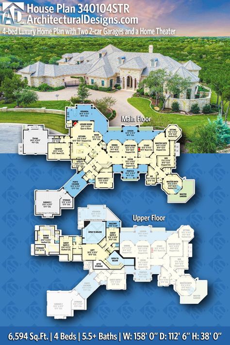 House Plan 340104STR gives you 6500 square feet of living space with 4 bedrooms and 5.5 baths Stairs Bloxburg, Luxury Floor Plans, House Plans Mansion, Mansion Floor Plan, House Layout Plans, House Layout, Wall Exterior, Family House Plans, Luxury House Plans