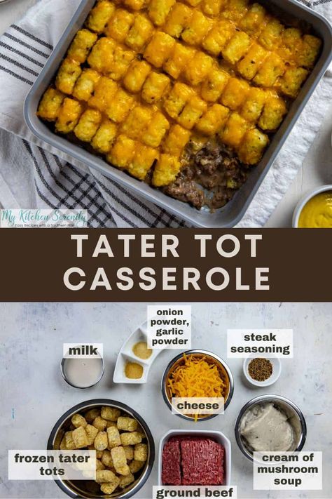 Treat yourself to the ultimate weeknight meal with this casserole that's loaded with melty cheese, tender ground beef, and crispy tater tots. Cheese Burger Casserole Tater Tots, Tater Tot Cheeseburger Casserole, Tater Tot Casserole With Ground Beef, Thanksgiving Meal Plan, Cheeseburger Tater Tot Casserole, Southern Cooking Recipes, Tater Tot Casserole Recipes, Cooking Decorating, Healthy Beef Recipes