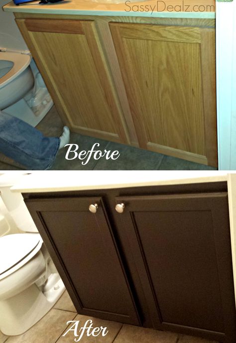 Rustoleum Cabinet Transformation Review (Before and after pictures) #Espresso chocolate brown #Refinishing bathroom cabinets #Makeover #Upgrade on a budget | http://www.sassydealz.com/2014/01/rustoleum-cabinet-transformation-review.html Rustoleum Cabinet Transformation, Rustoleum Cabinet, Cabinet Transformations, Crafty Morning, Rust Oleum, After Pictures, Bathroom Redo, Bathroom Renos, Home Upgrades