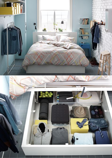 MALM storage bed - In a small bedroom, sometimes you have to think outside of the closet. If a wardrobe simply won’t fit, you can get around the problem with a bed that can store a wardrobe’s worth of clothes. Malm Storage Bed, Ikea Bedroom Ideas, Ikea Bedroom, Minimalist Bedroom Design, Ikea Storage, Reno Ideas, Ikea Furniture, Storage Bed, Minimalist Bedroom