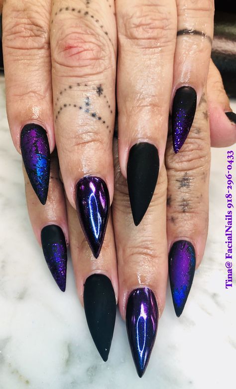 Matte foil Mal Nails Descendants, Nails With Underneath Painted, Holographic Black Nails, Black And Purple Stiletto Nails, Summer Witchy Nails, Purple Foil Nails, Black Foil Nails, Black And Purple Nail Ideas, Witchy Nails Almond