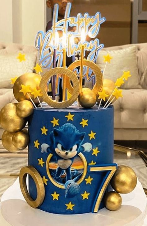 Sonic Bday Cake Ideas, Yellow Sonic Cake, Sonic Birthday Cake Ideas, Blue Birthday Cake Ideas, Sonic The Hedgehog Birthday Party Cake, Tort Sonic, Blue Cake Design, Sonic Birthday Party Ideas, Pastel Sonic