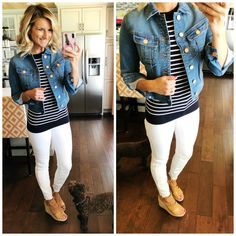 Perfect Denim Jacket // Cropped Denim Jacket // Navy and White Striped Top with White Jeans and Denim Jacket Cropped Denim Jacket Outfit, Nautical Outfits, White Jeans Outfit, Jean Jacket Outfits, Denim Jacket Outfit, Perfect Denim, Brown Wedges, Outfit Jeans, Mode Casual