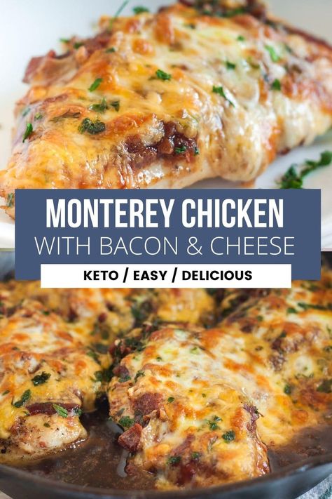 collage of monterey chicken with bacon and cheese Monterey Chicken, Chicken Keto, Healthy Low Carb Dinners, Keto Cooking, Healthy Low Carb Recipes, Bariatric Recipes, Low Carb Dinner Recipes, Keto Recipes Dinner, Low Carb Chicken