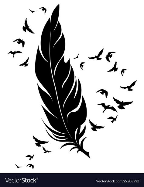 Birds Black And White, 손 로고, Flocks Of Birds, Feather Sketch, Feather Stencil, Feather Symbolism, Feather Illustration, Feather Drawing, Feather Vector