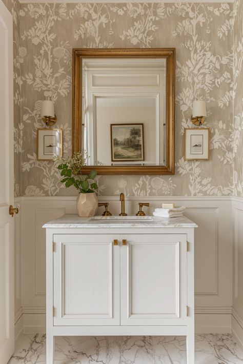 Powder Bath: Elegant Powder Bath, Floral Wallpaper Bathroom, Coastal Farmhouse Bathroom, White Vanity with Marble Top, Brass Fixtures, Small Bathroom Design, Neutral Bathroom Decor, Classic Powder Room, Gold Framed Mirror, Textured Wall Decor, Vintage Inspired Bathroom, Farmhouse Style Bath, Sophisticated Bathroom Ideas Powder Room Ideas Neutral, White Marble Bathroom With Wallpaper, Powder Room French Country, Small Powder Room Wallpaper Vintage, Bathroom With Wayne’s Coating, Small Bathroom Remodel Wallpaper, Wallpaper In Small Powder Room, Powder Room Ideas With Wallpaper, Guest Bathroom With Wallpaper