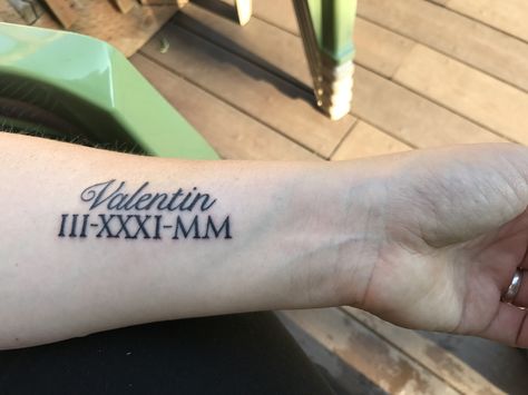 Roman numeral tattoo Name & wedding date Roman Numeral Wedding Date Tattoo, Tattoos Roman Numerals, Roman Numeral Tattoo Arm, Wedding Date Tattoo, Wedding Date Tattoos, Justin Tattoo, Tattoo Rings, Birthdate Tattoo, Married Couple Tattoos