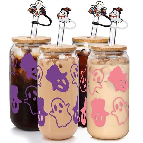 PRICES MAY VARY. PINK GHOST DECOR HALLOWEEN CUPS - Elevate your Halloween spirit! This set contains 4*18oz Halloween iced coffee cups, 4 bamboo lids, 4 glass straws and a straw brush. FANCY HALLOWEEN GHOST DECORATIONS - In addition to the basic function of a mug, it can also be used as a Halloween decoration. Our ghost-patterned glasses are the festive centerpiece every gathering deserves. HALLOWEEN MUG DESIGN - Crafted with precision, our mugs not only ensure durability but exude elegance, maki Cookie Jar Decor, Halloween Coffee Cups, Halloween Glasses, Iced Coffee Cups, Ghost Decor, Halloween Ghost Decorations, Festive Centerpieces, Drinking Jars, Halloween Cups