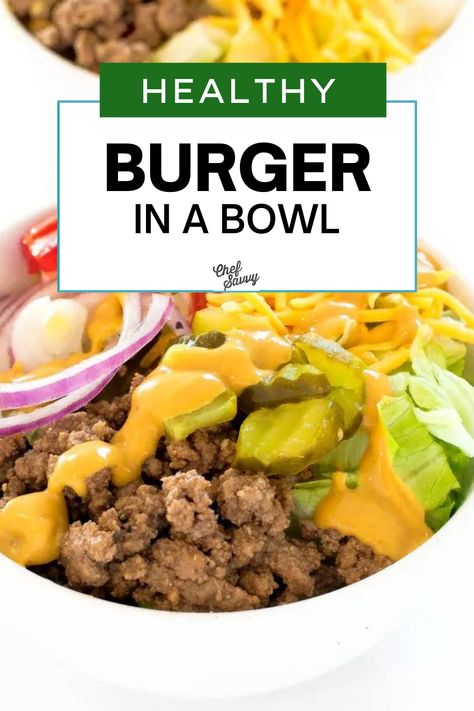 You're going to want to save this Healthy Cheeseburger Bowl for a great Low Carb Keto Friendly Meal! Craving a cheeseburger, but want to stick to your healthy eating regimen? Then, you’ve got to try this burger in a bowl recipe! Perfect for a light lunch or dinner, as well as meal-prepping ahead of a busy week. It’s low carb, paleo and keto friendly! Follow Chef Savvy for more under 30 minute easy meals! Cheeseburger Bowl, Healthy Cheeseburger, Burger In A Bowl, Healthy Low Carb Dinners, Healthy Bowls Recipes, Healthy Burger, Low Carb Low Fat Recipes, High Protein Low Carb Recipes, Healthy Bowls