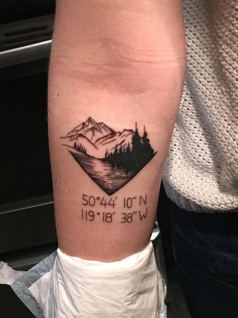 New tattoo! #mountains  #arm tattoo #coordinates #lake Lake Tattoo Ideas, Alaska Tattoos, Alaska Tattoo, Lake Tattoo, Mountains Tattoo, Coordinates Tattoo, Tattoos Geometric, Arrow Tattoos, Mountain Tattoo