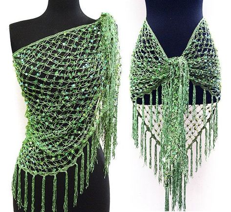 Hand Crochet Fishnet Pattern Belly Dance Hip Scarf or Wrap with Sparkling Sequins.  Sparkles and glitters when you move or shake.  Must Have item if you want to catch sights.    Color:  Black/Black sequin   Length:  57 inches  Width:  27inches  PAYMENT: We accept all major credit cards through secure PayPal system.   REFUND: Return or exchange is acceptable within 7 days. 100% refund will be granted, but returning shipping is on buyer's  cost. Crochet Hip Scarf, Crochet A Crop Top, Sequin Crochet, Shawl Black, Hip Scarf, Hip Scarves, Crochet Crop, 2000s Fashion Outfits, Crochet Crop Top