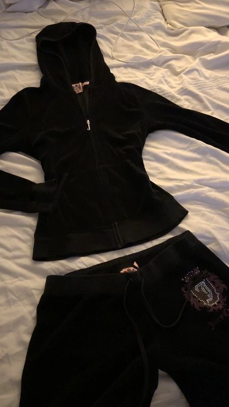 Y2K black juicy couture tracksuit so flattering on has rhinestones logo details flared leg low waisted size medium msg any offers or questions x #juicy #juicycouture #juicycouturetracksuit #y2k #y2kstyle #y2kaesthetic #y2kfashion #2000s #2000style #vintage #rhinestone Black Juicy Couture Tracksuit 2000s, Mcbling Juicy Couture, 2000s Fashion Juicy Couture, Old Juicy Couture Tracksuit, Lazy Y2k Outfits, Juicy Couture Tracksuit 2000s, Vintage Juicy Couture Tracksuit, Juicy Tracksuit 2000s, Black Juicy Tracksuit