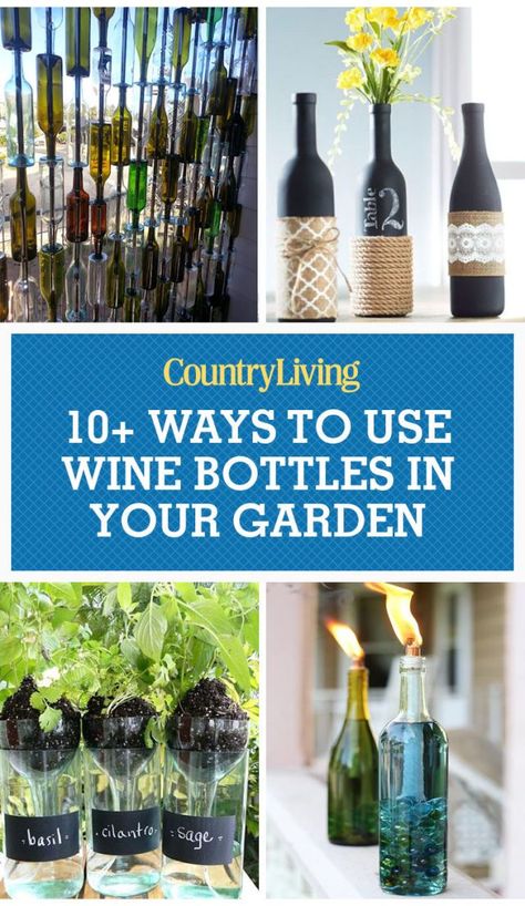 Wine Bottle Garden Crafts - How to Use Recycled Bottles In Your Yard Wine Bottle Fence, Pretty Wine Bottles, Wine Bottle Garden, Reuse Wine Bottles, Patio Wall Art, Wine Bottle Craft, Bottle Projects, Wine Bottle Ideas, Wine Crafts