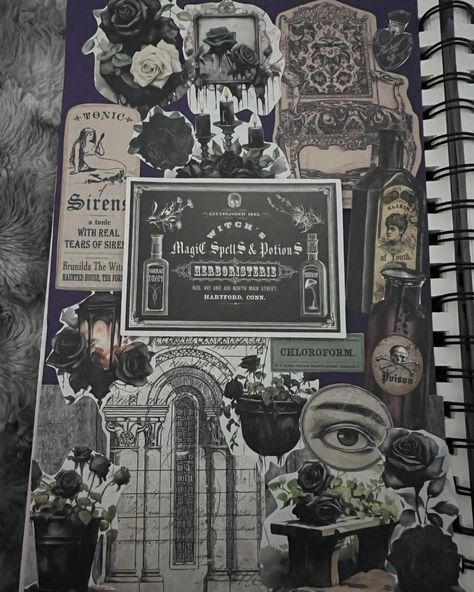 A few more scrapbook journal entries! #arttherapy #scrapbookjournal Goth Paper Crafts, Gothic Junk Journal Pages, Goth Scrapbook Ideas, Gothic Scrapbook Ideas, Gothic Journal Ideas, Goth Scrapbook, Gothic Scrapbook, Goth Journal, Bulletin Journal