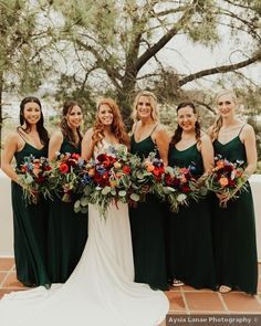 Long dark green bridesmaids dresses with rustic fall bouquets {Aysia Lanae Photography} Dark Green Bridesmaids, Dark Green Bridesmaid Dresses, Green Bridesmaids Dresses, Dark Green Bridesmaid, Emerald Wedding Colors, Rustic Bridesmaid Dresses, Dark Green Wedding, Emerald Green Bridesmaid Dresses, Dark Green Bridesmaid Dress