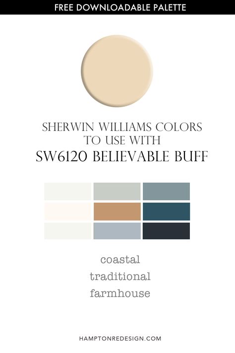 What colors go with SW 6120 Believable Buff? These 3 color palettes are easy to use throughout your whole house and coordinate perfectly with SW 6120. Use Believable Buff with these coordinating colors for your #coastal, #traditional, #farmhouse color scheme. Sherwin Williams Believable Buff, Believable Buff Sherwin Williams, Greek Villa Sherwin Williams, Sherwin Williams Color Schemes, Farmhouse Color Scheme, White Brick Wallpaper, Farmhouse Color, Sherman Williams, Coastal Traditional